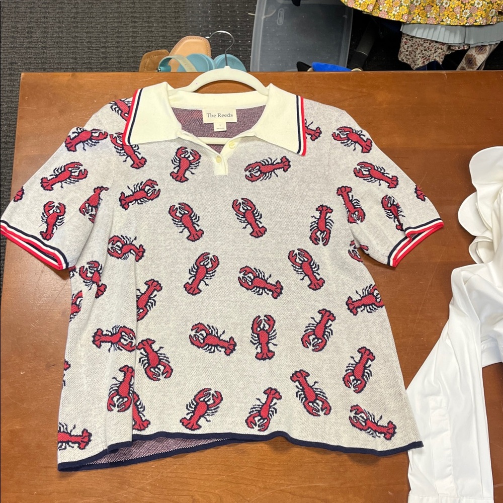 Lobster Print Polo Shirt - Gray and Red